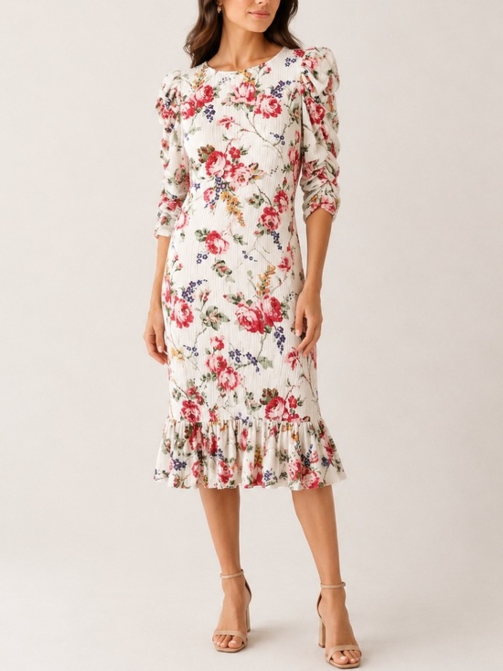 ByTimo White Pink Floral Satin Knee Length Puff Sleeve Wedding Guest Dress